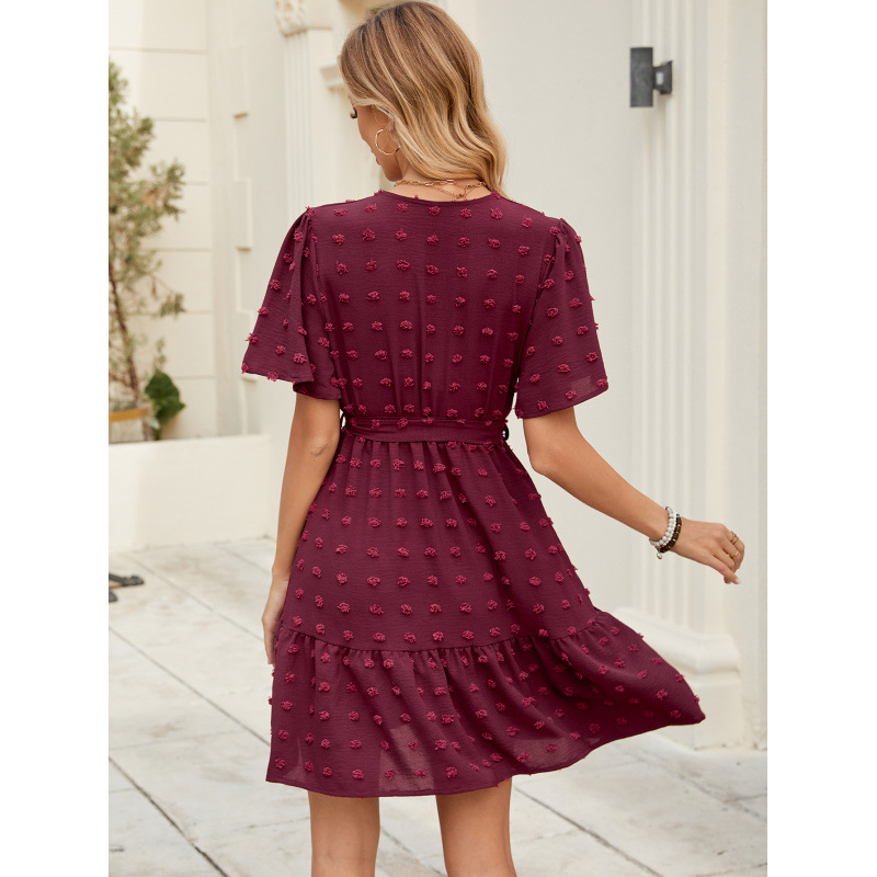 Pom-Pom Lotus Sleeve V-Neck Tie-Waist Dress