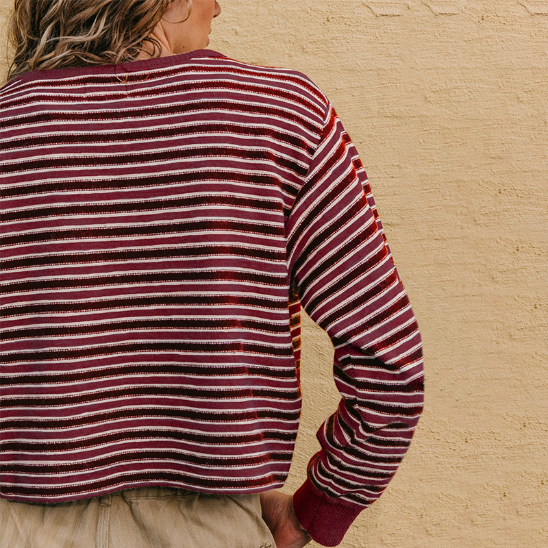 Women's Striped Crewneck Knit Sweater Colorblock Loose Fit