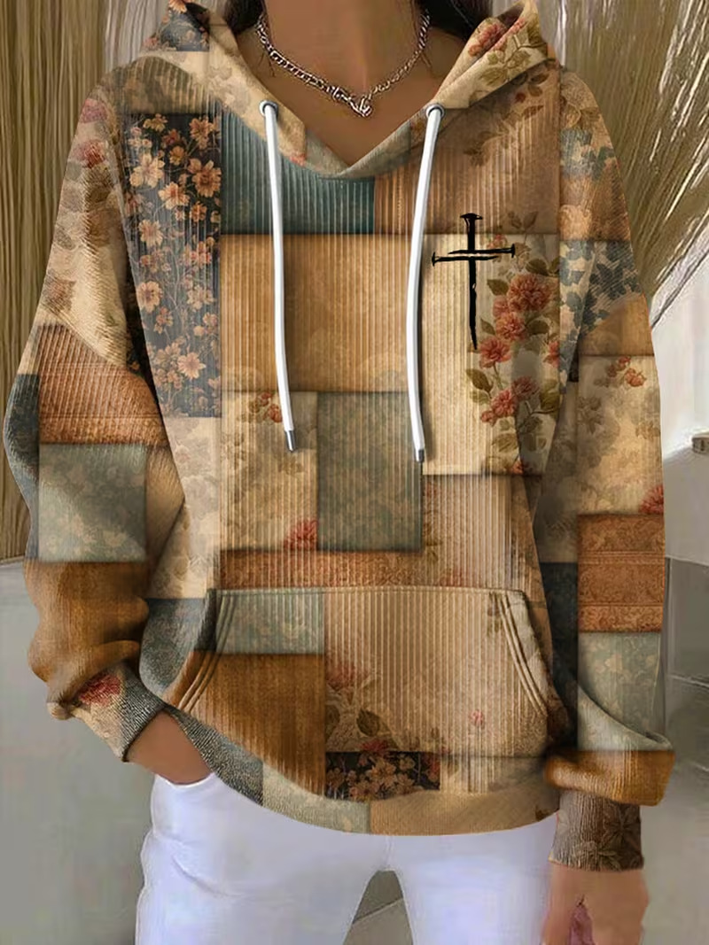 Women's Cross Colorblock Print Casual Hoodie