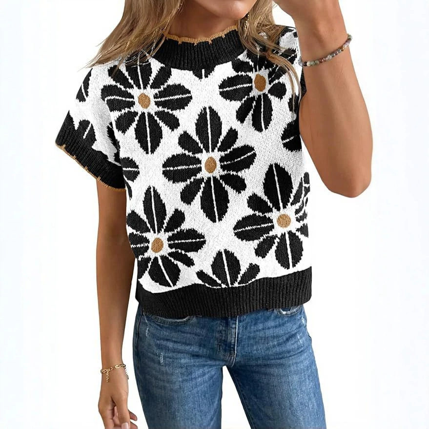 Women's Floral Knit Short Sleeve Sweater Vintage Crew Neck Loose Summer Pullover