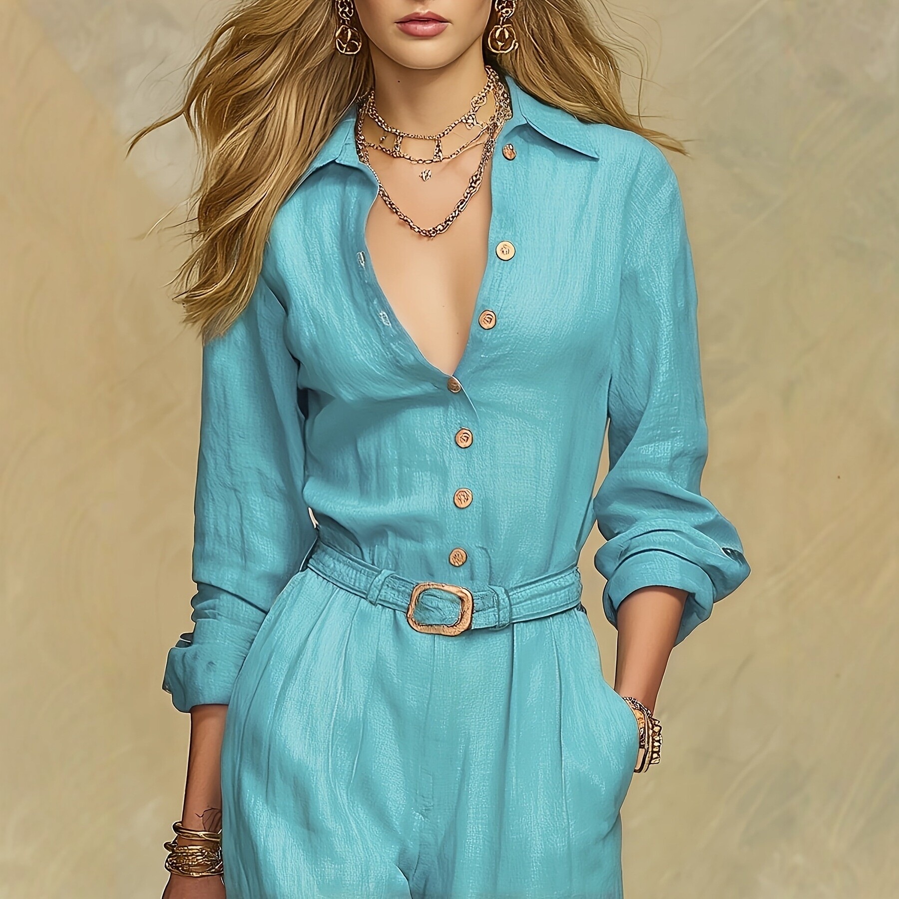 Elegant Solid Color Long Sleeve Jumpsuit Set with Belt