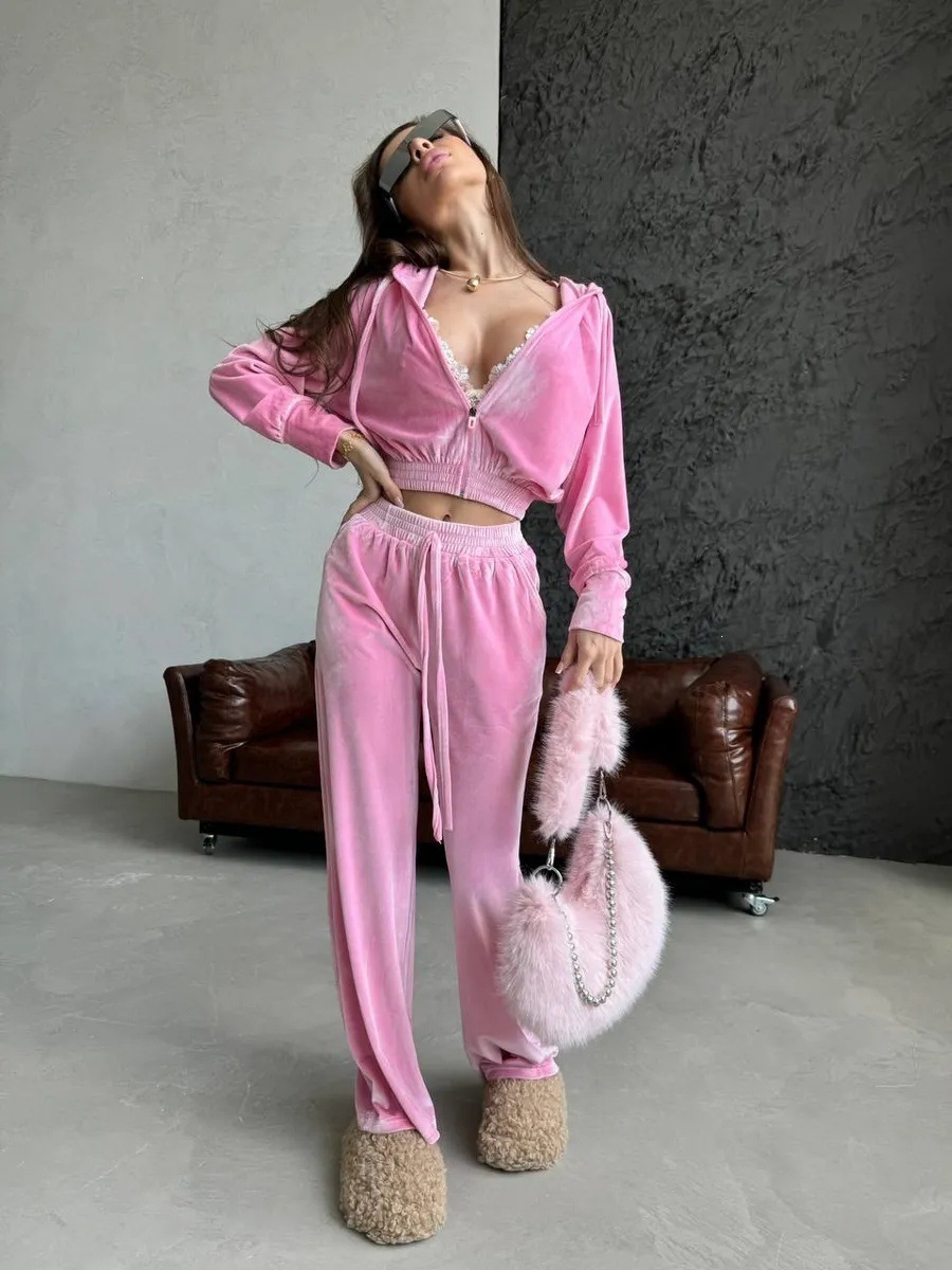 Women's Velvet Hooded Zip-Up Jacket & Drawstring Wide-Leg Pants Set