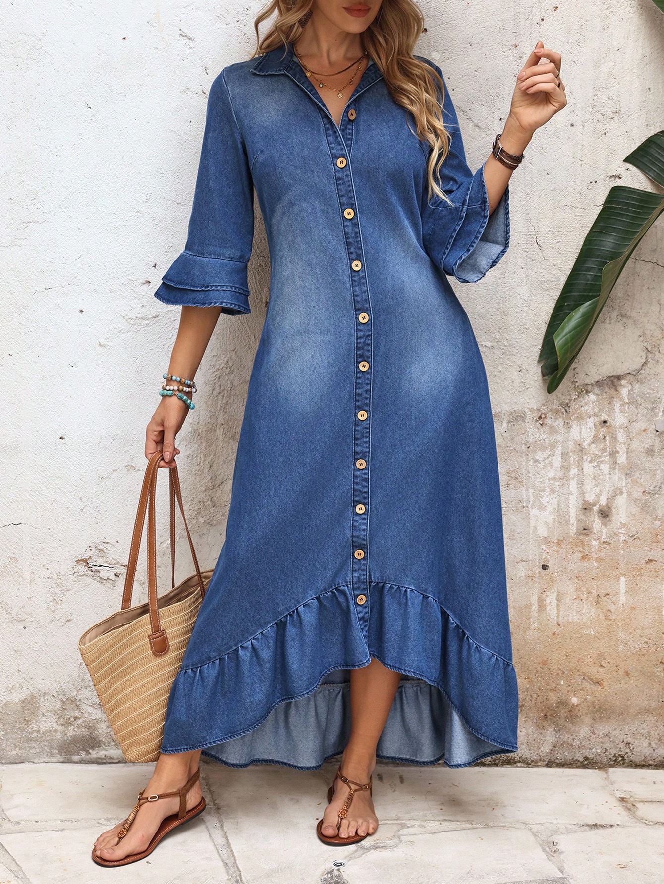 Elegant Denim Dress with Collar, Button Front, Flared Sleeves, Asymmetric Ruffle Hem