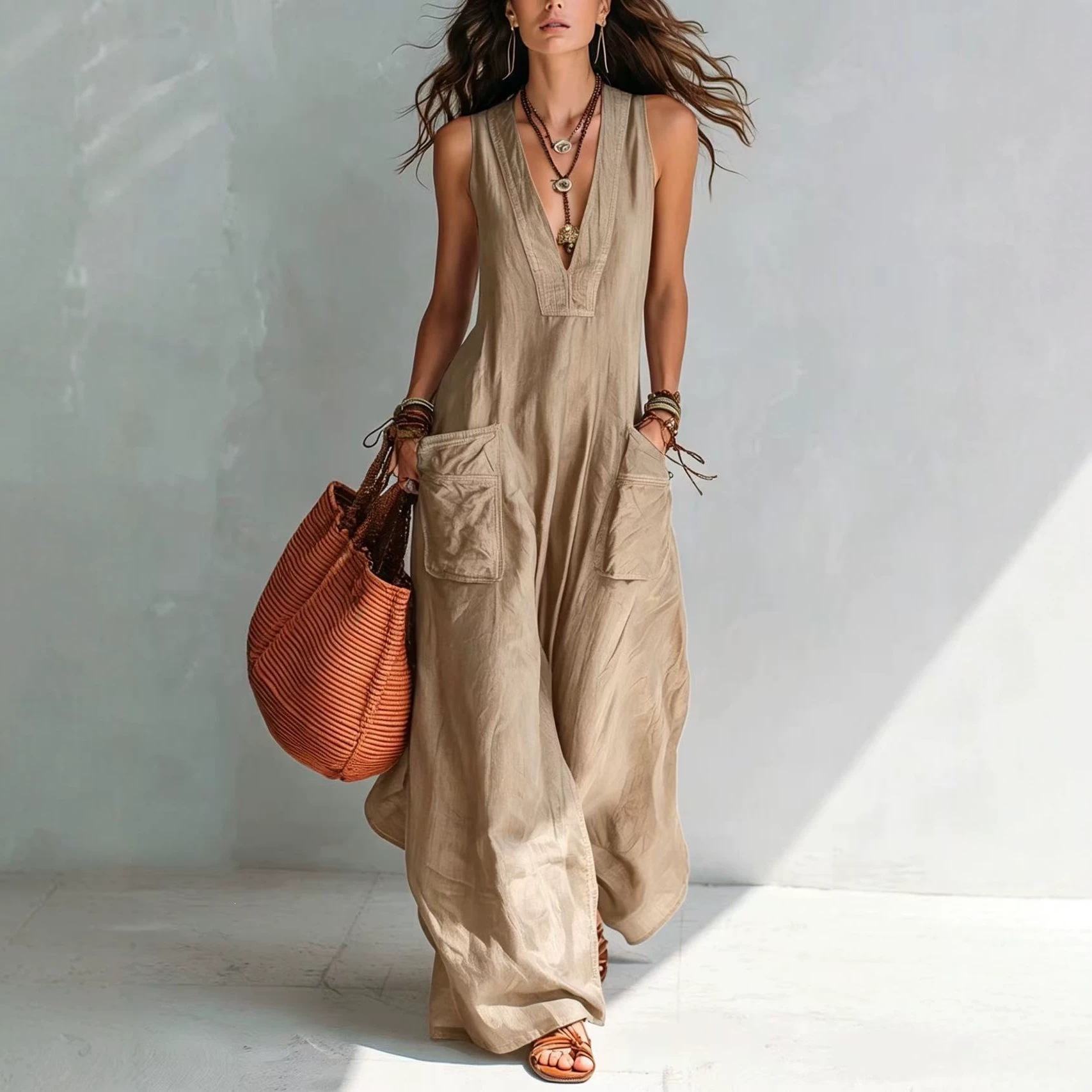 Women's Solid V-Neck Loose Wide-Leg Jumpsuit with Pockets