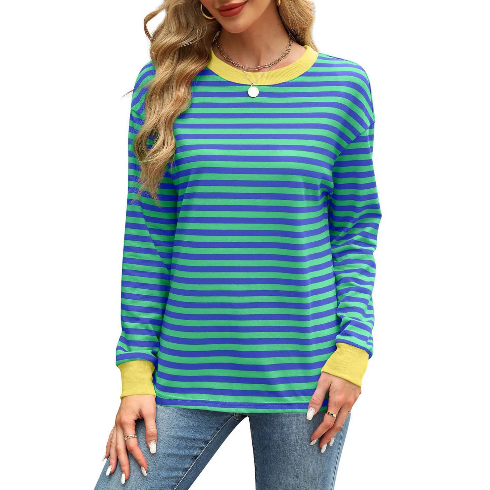 Women's Striped Print Crewneck Sweatshirt Casual Pullover