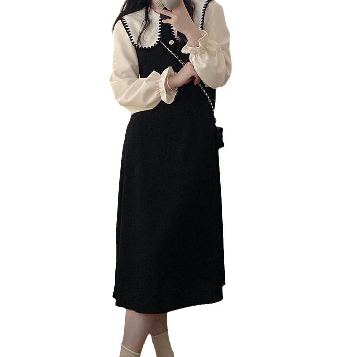 Corduroy Plus Size French Doll Collar Dress Faux Two-Piece Waist-Cinched Vintage A-Line Long Dress