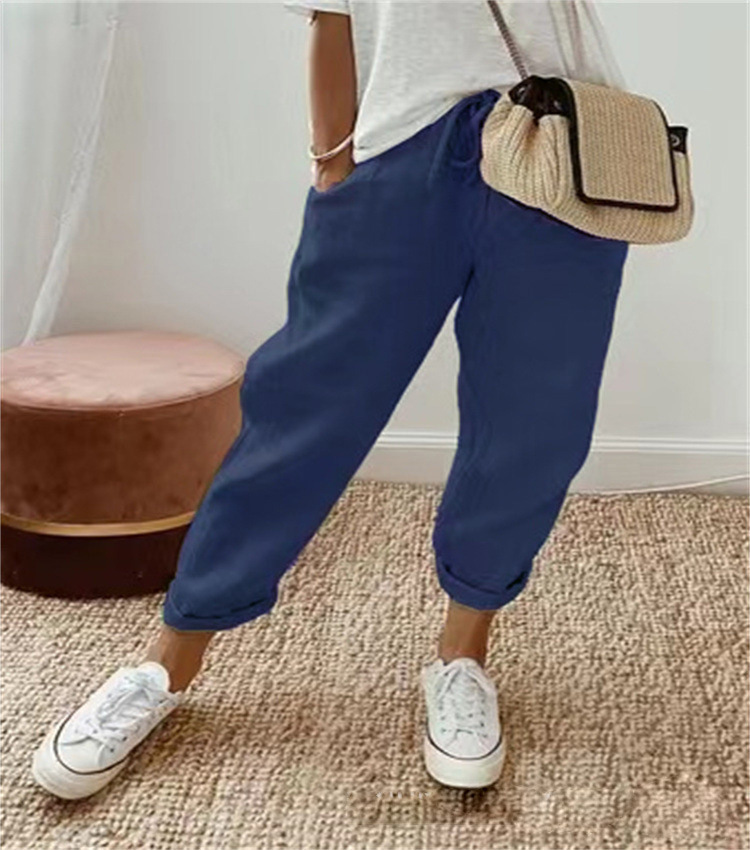 Women's Cotton-Linen Elastic Waist Cropped Pants Casual Loose Fit