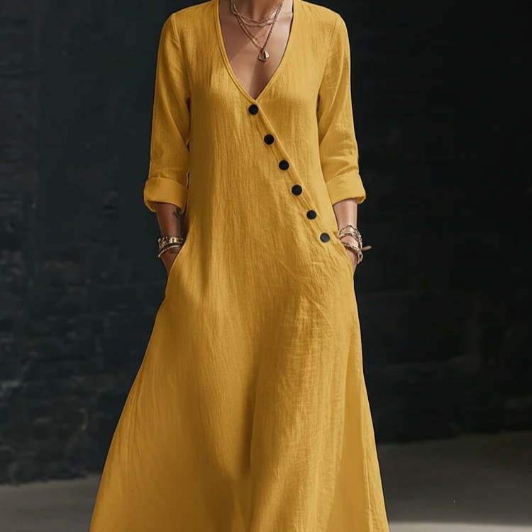Asymmetric Button V-Neck Midi Dress with Rolled Cuffs and Side Pockets
