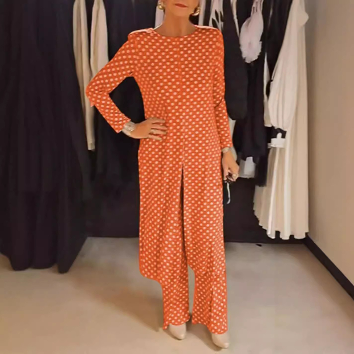 Women's Polka Dot Round Neck Slim Fit Slit Top Set