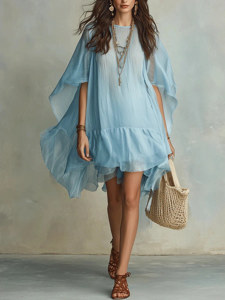 Boho Light Blue Ruched Ruffle Asymmetric Short Dress