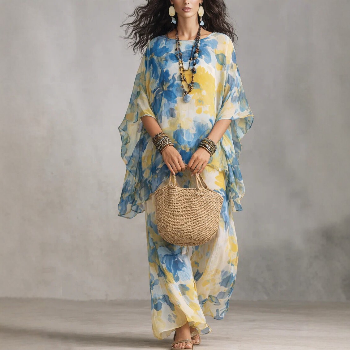 Floral Print Two-Piece Dress Set with Batwing Sleeves and High Waist