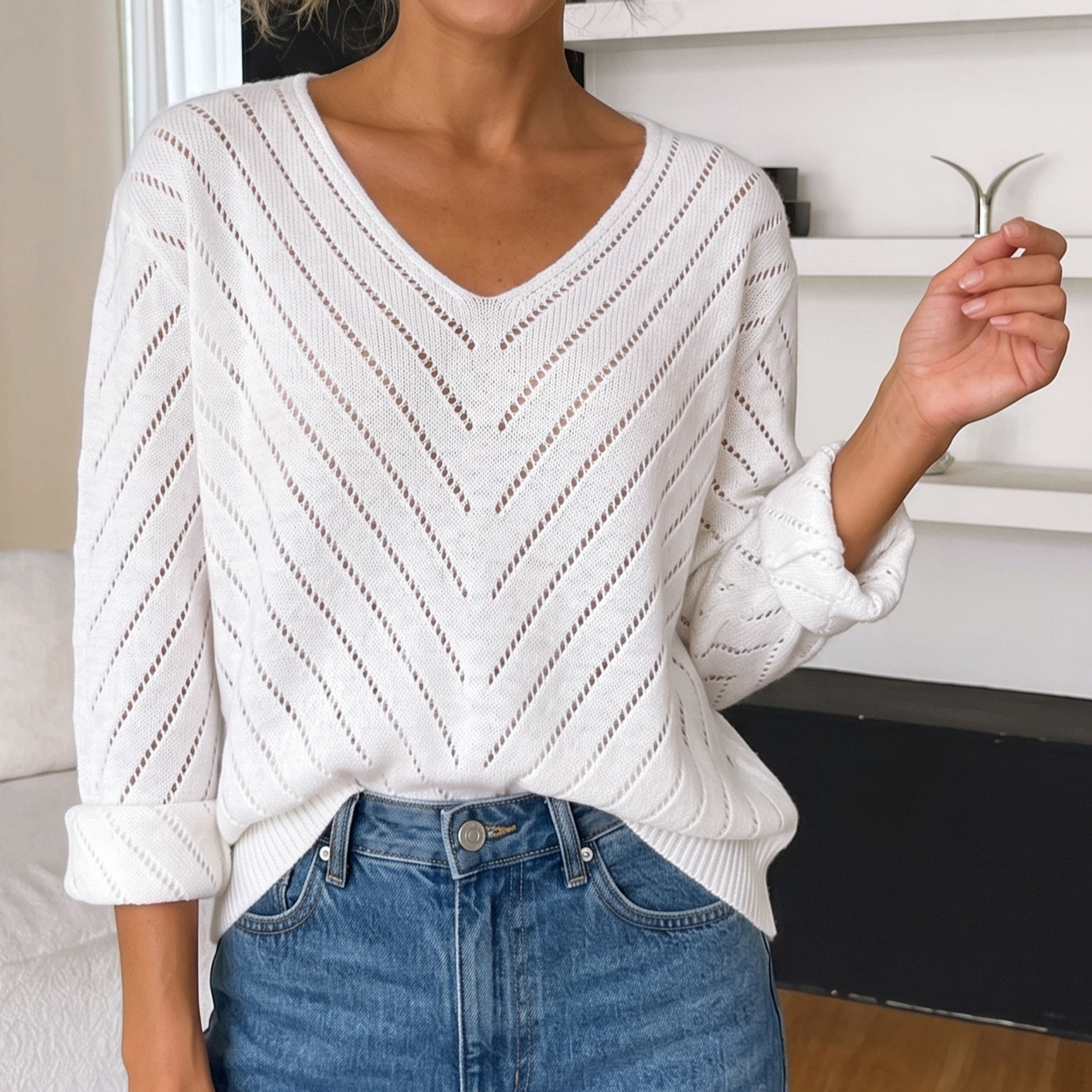 V-Neck Openwork Knit Sweater Women's Loose Long Sleeve Pullover
