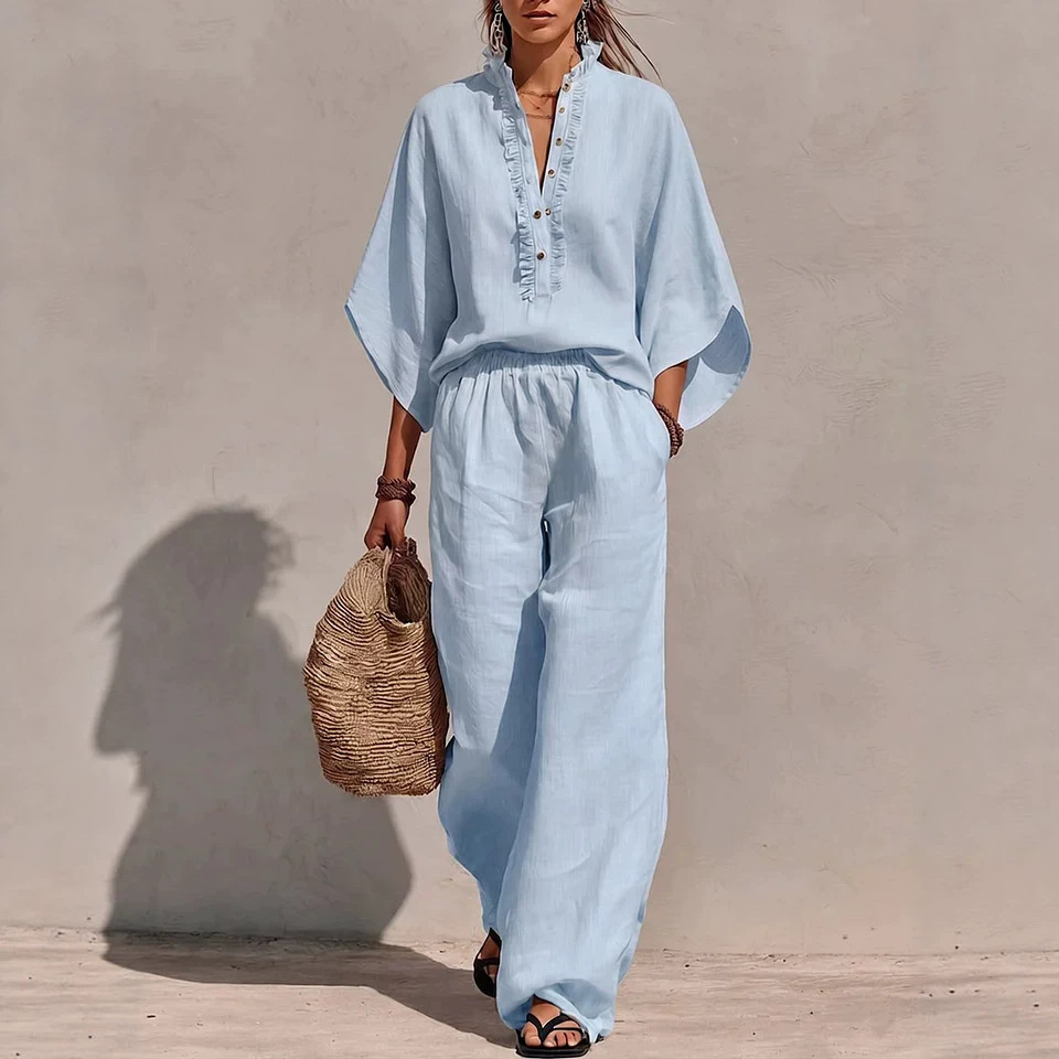 Women's Solid Color Stand Collar 3/4 Sleeve Loose Top and High Waist Wide Leg Pants Cotton Linen Casual Set