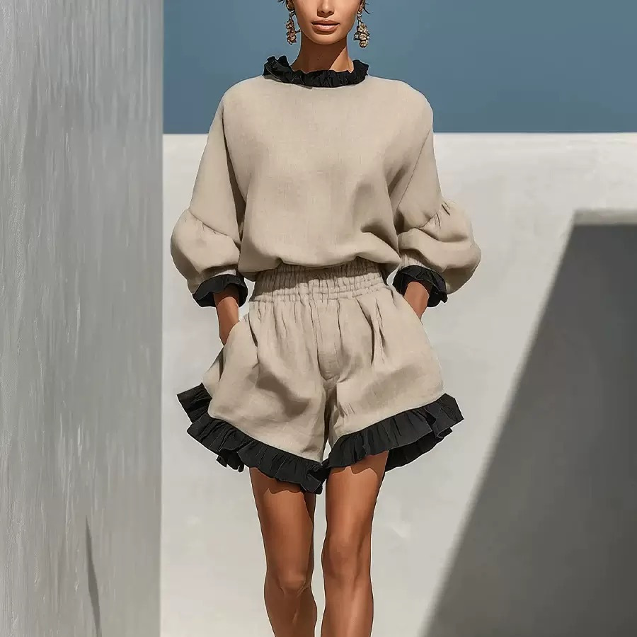 Ruffle Trim Long Sleeve Top & High Waist Wide Leg Ruffle Hem Shorts Two-Piece Set