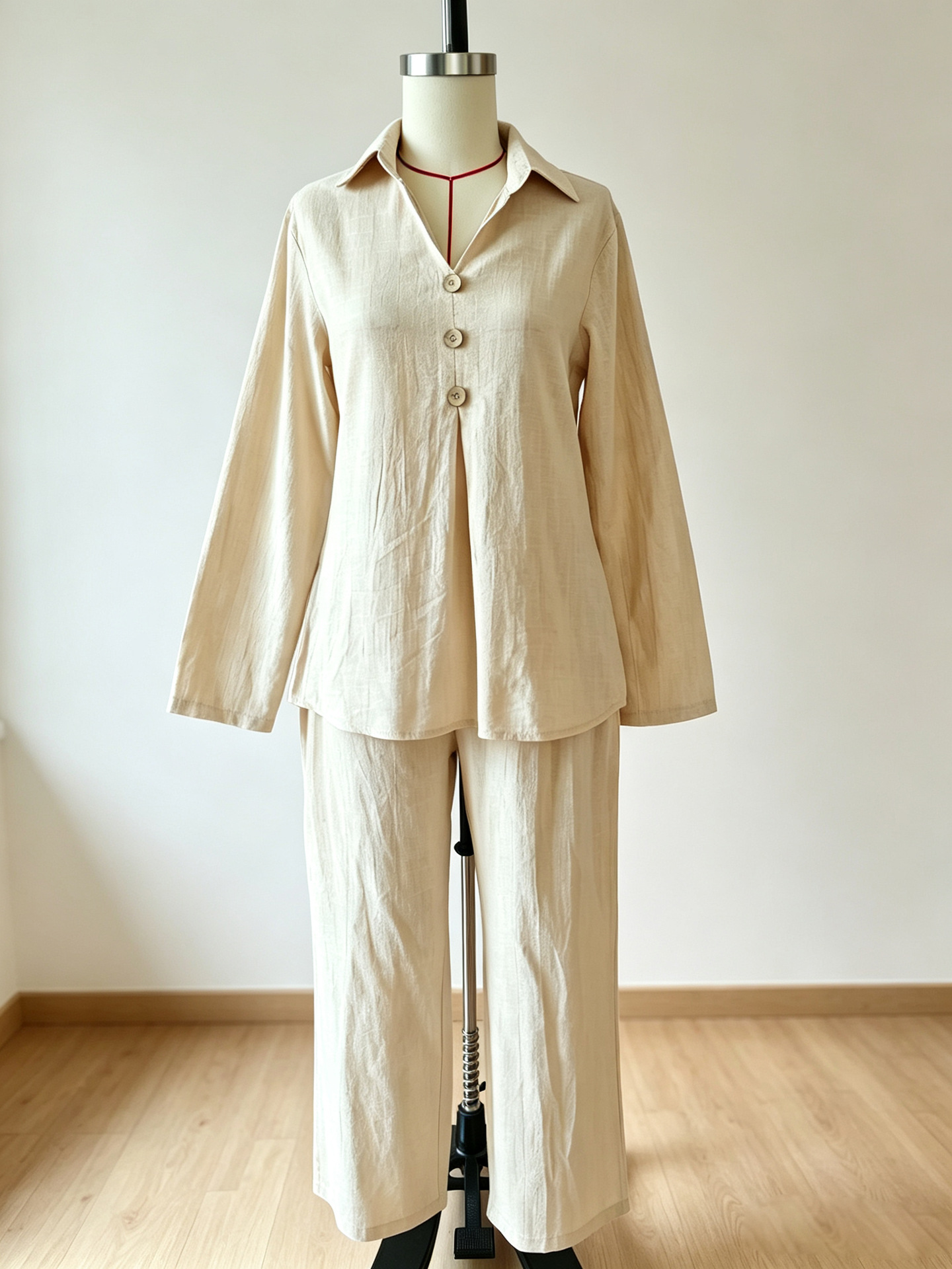 Women's Casual Button Polo Neck Long Sleeve Two-Piece Pants Set