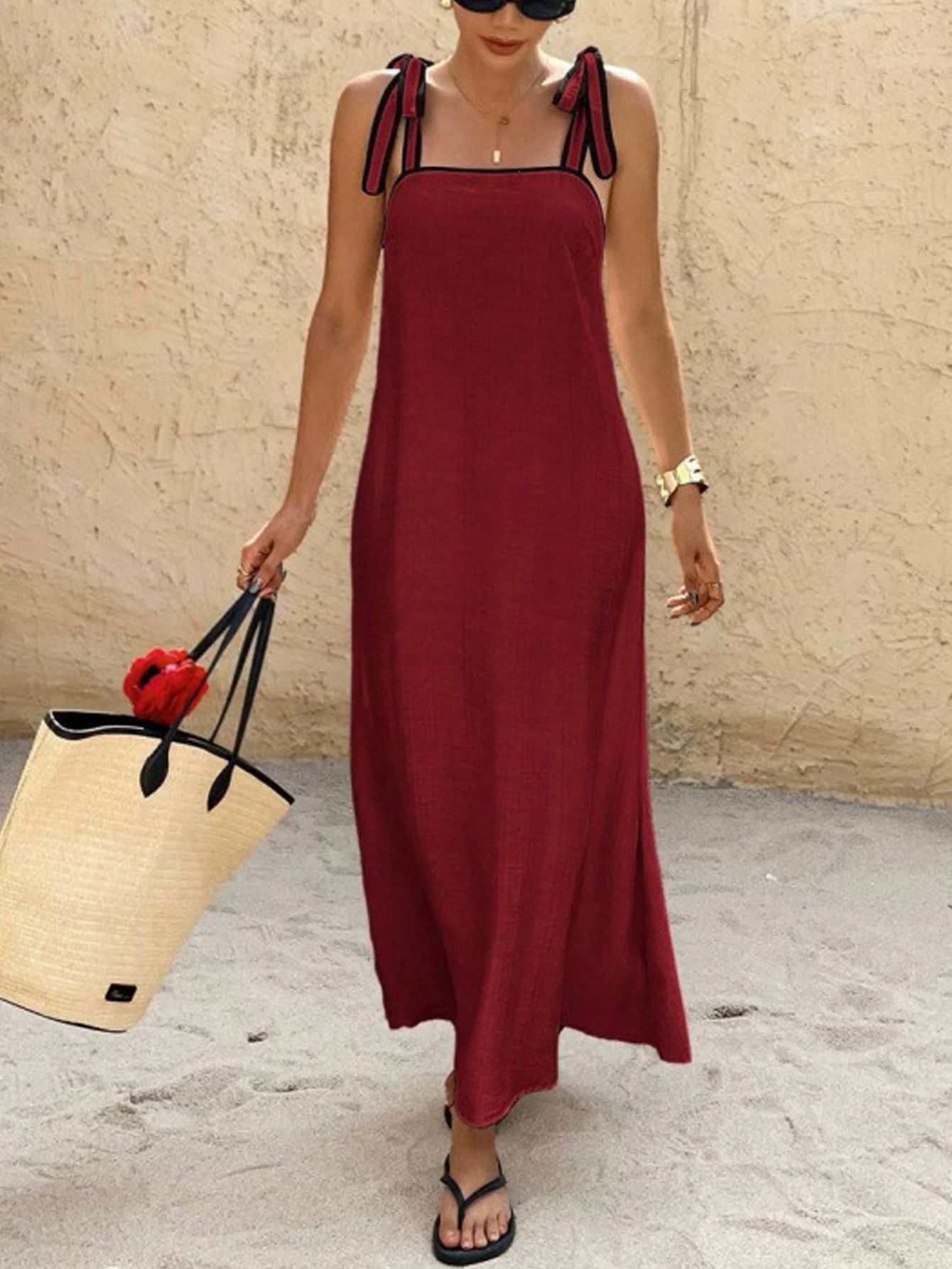Women's Off-Shoulder Tie-Front A-Line Midi Dress