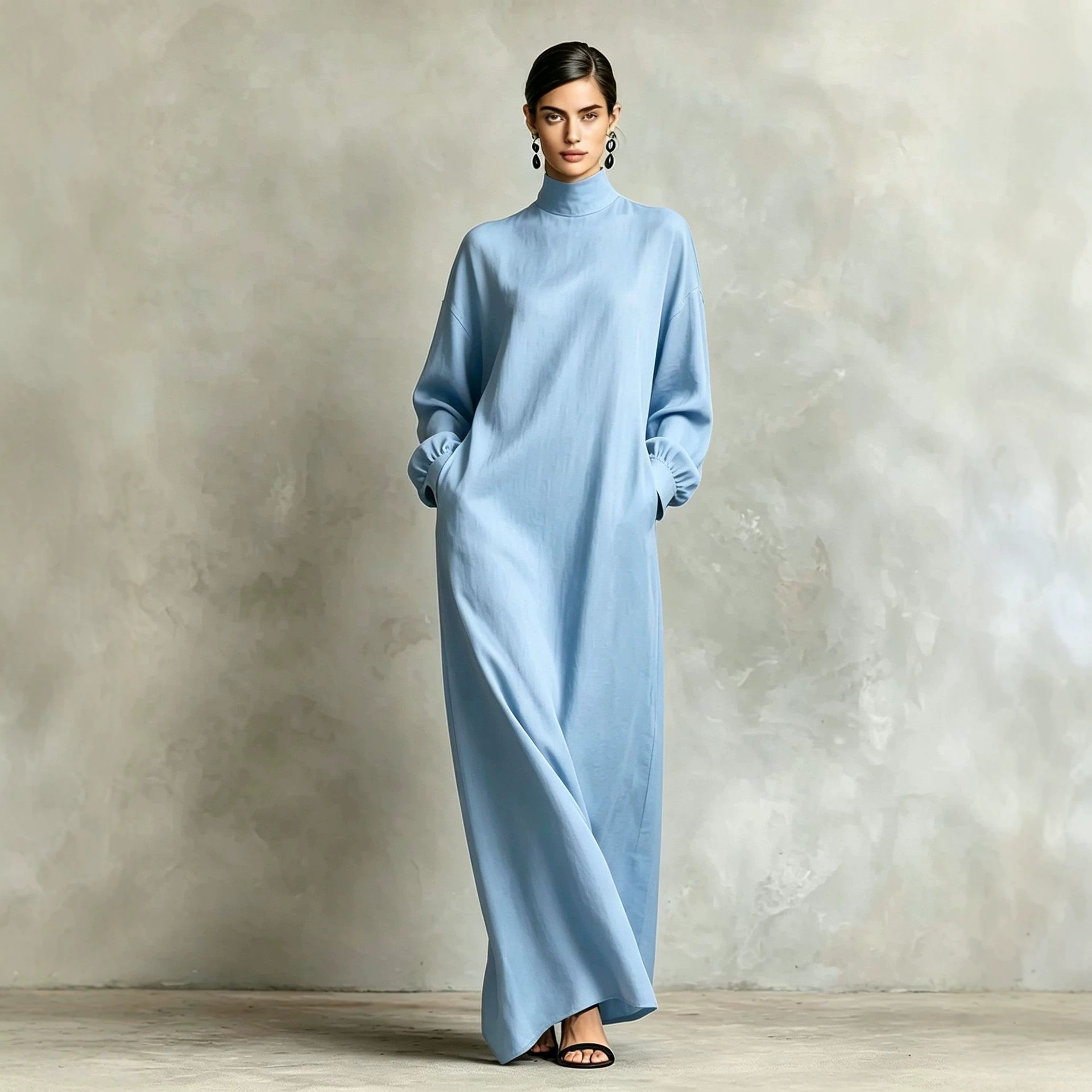 Women's Solid High Neck Loose Casual A-Line Long Dress