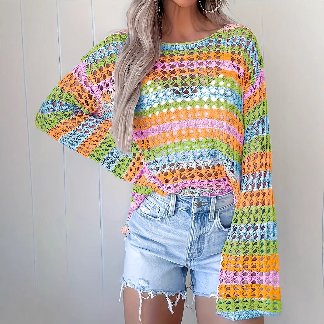 Color-Block Striped Knit Sweater Loose Crewneck Long Sleeve