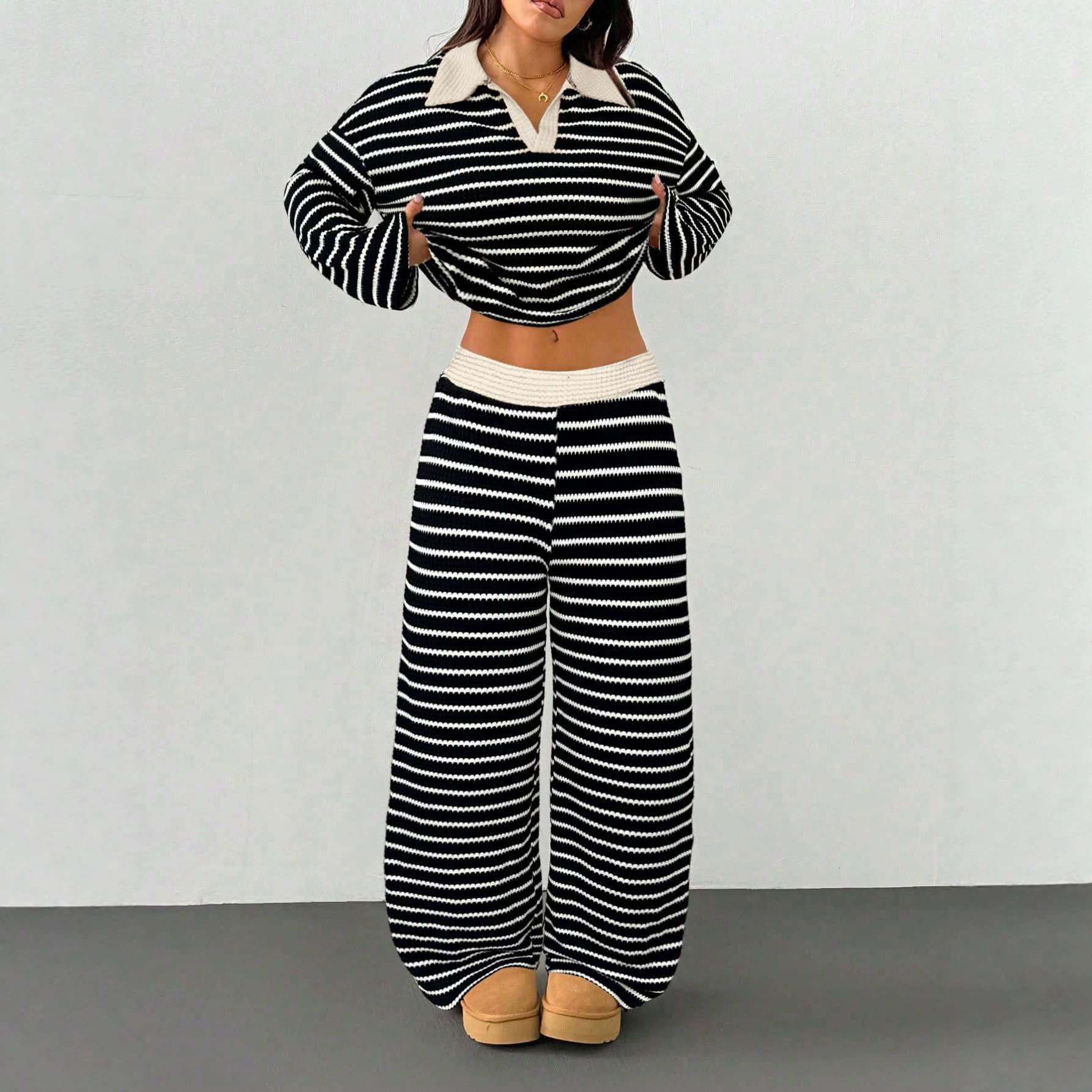 Striped Knit Color-Block Collared V-Neck Long-Sleeve Top & Pants Set
