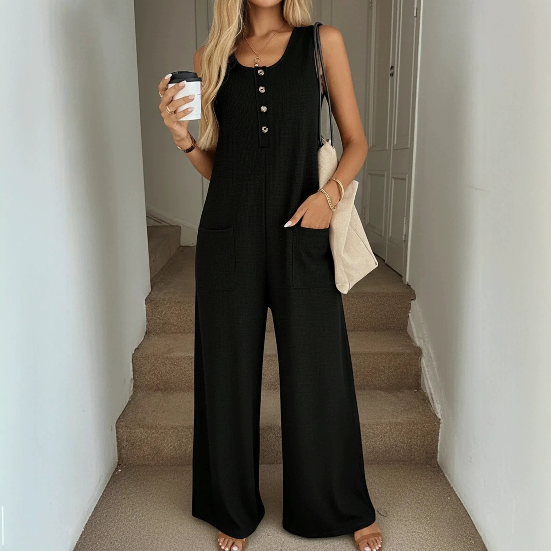 Women's Solid Color Loose Wide-Leg Sleeveless Jumpsuit with Pockets