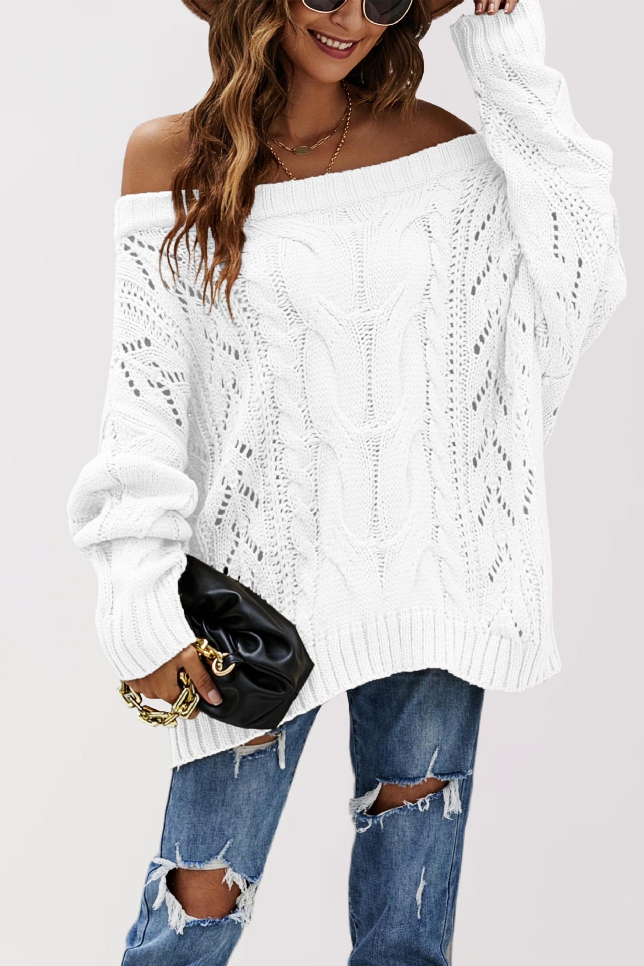 Off-Shoulder Plus Size Loose Knit Sweater Women's Solid Color Pullover