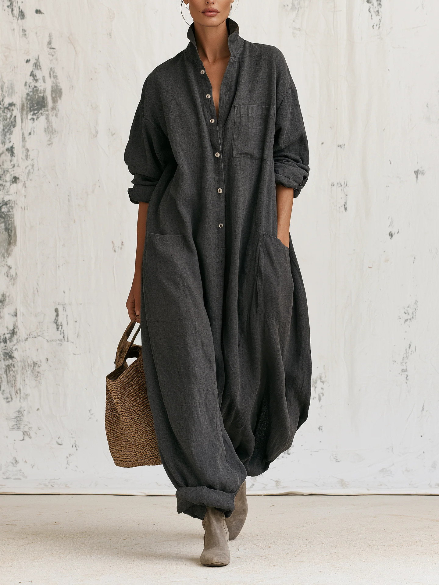 Linen Long Sleeve Jumpsuit with Stand Collar, Button Front, Cargo Pockets, Wide Leg