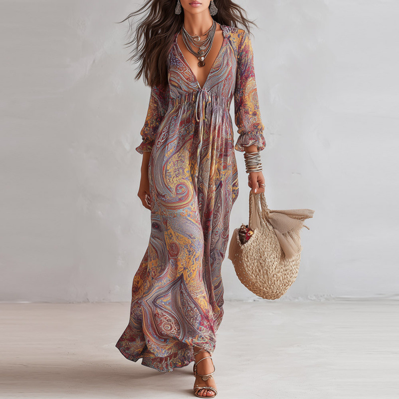 Paisley Print Ruffle Loose Casual Dress