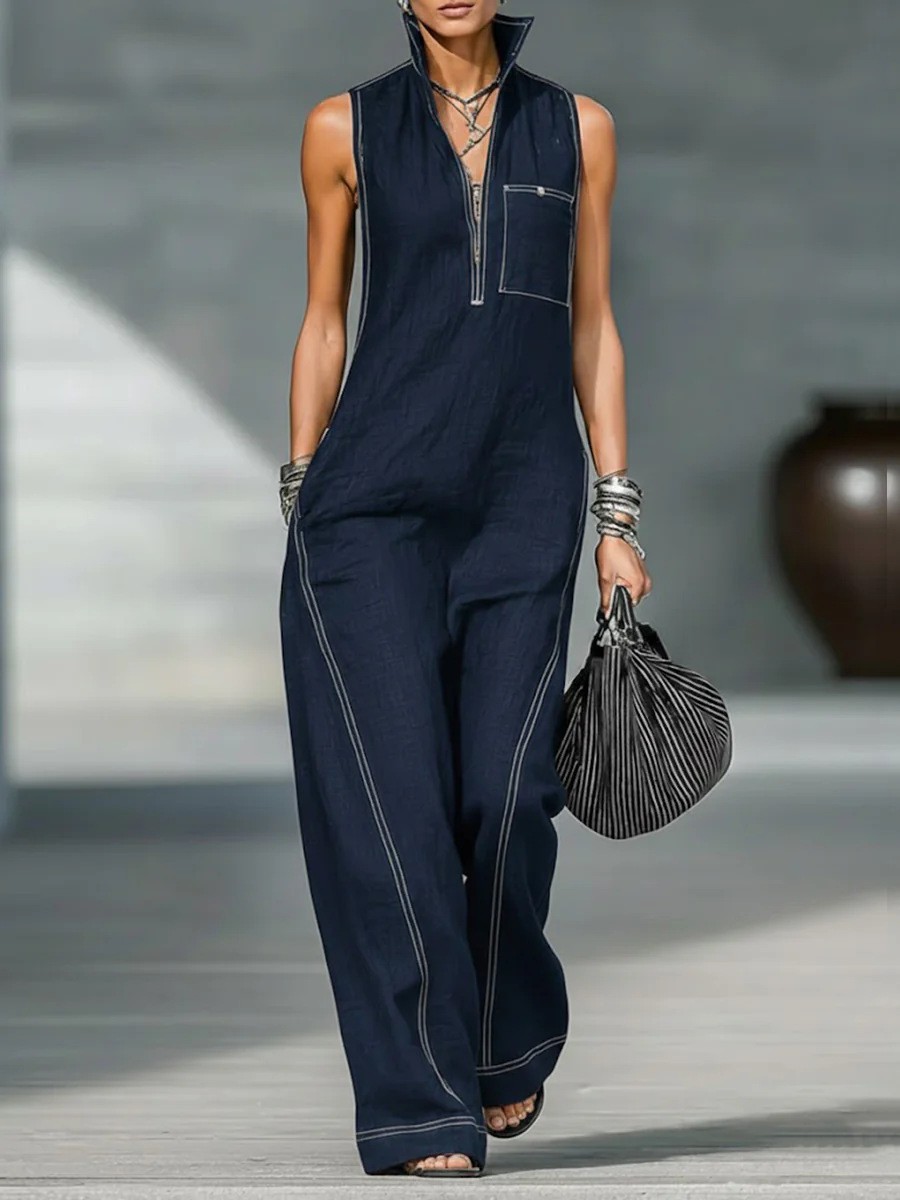 Women's Sleeveless Stand Collar Wide-Leg Jumpsuit