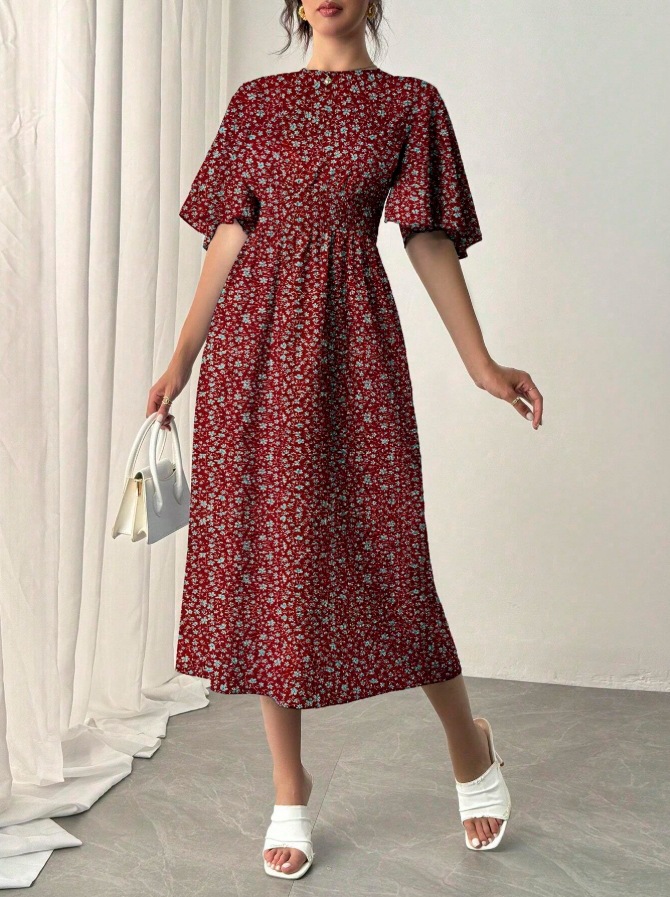 Women's Floral Pleated Midi Dress with Ruffle Sleeves and High Waist