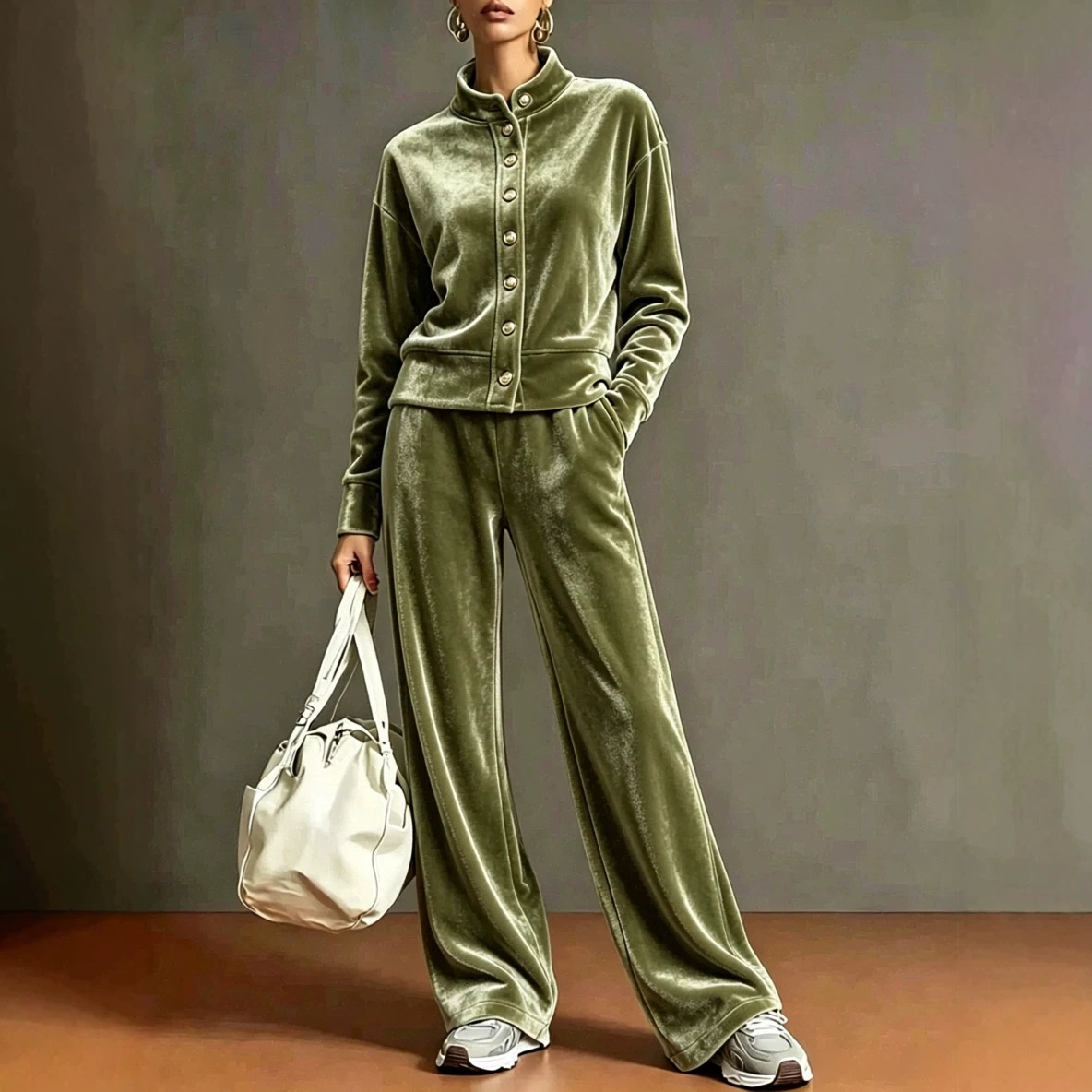 Women's Velvet Stand-Collar Cardigan Hoodie & Wide-Leg Pants Set