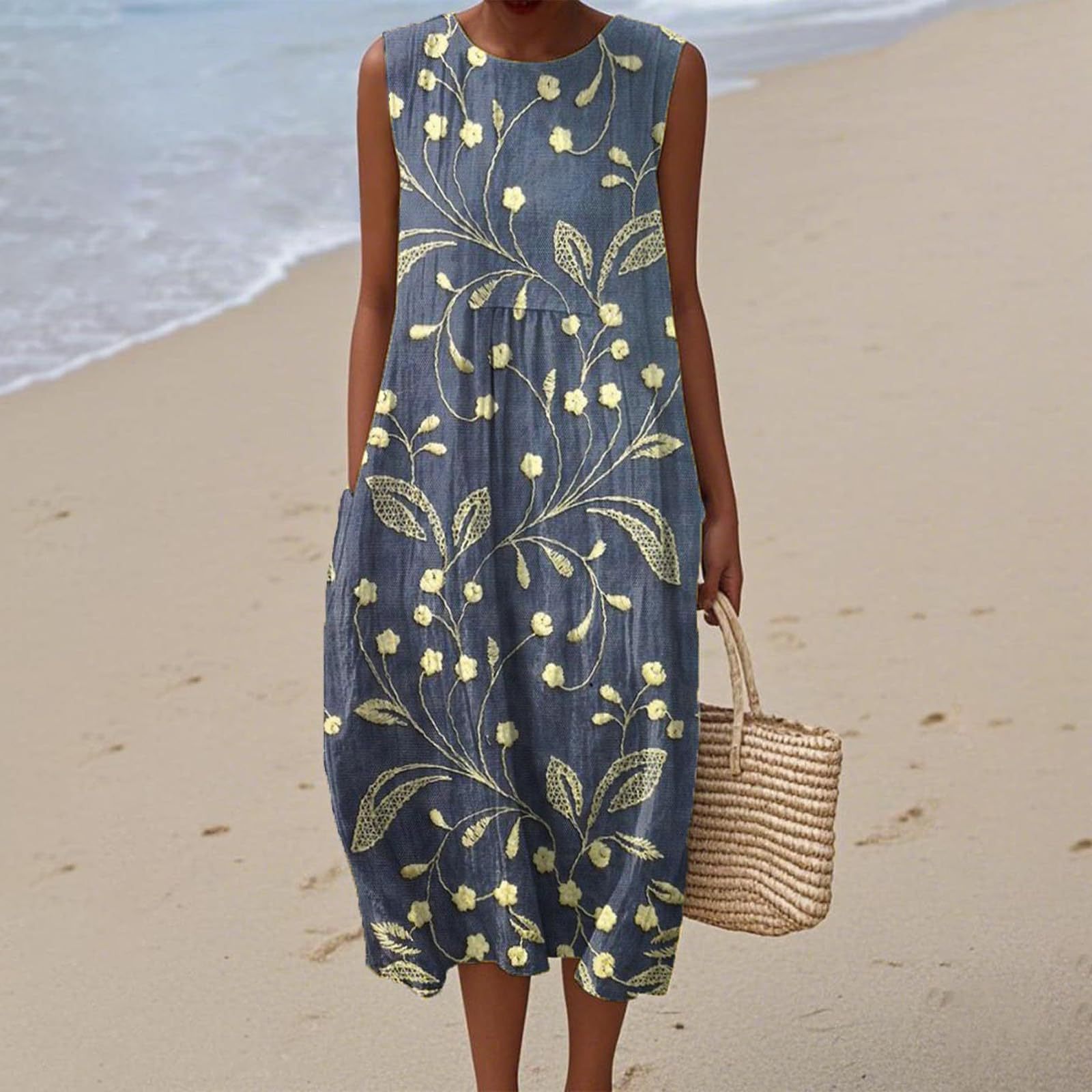 Women's Vintage Floral Print Midi Dress Sleeveless Round Neck Slim Fit