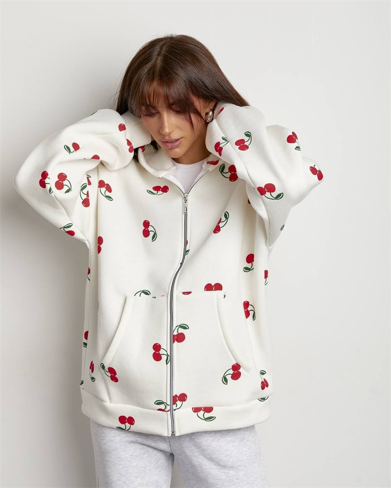 Cherry Print Hooded Zip-Up Sweatshirt Jacket