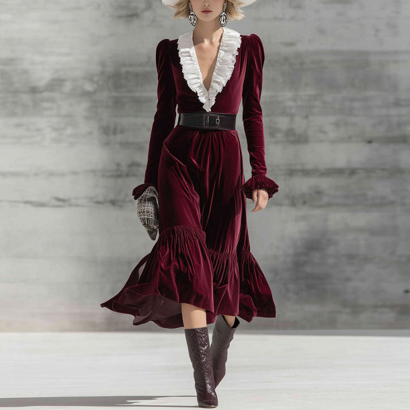 V-Neck Color-Block Slim Fit Long Sleeve Mermaid Dress