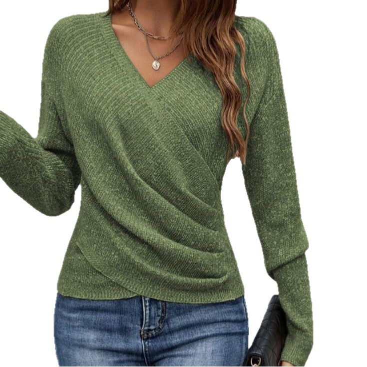 V-Neck Long-Sleeve Cross-Front Solid Knit Sweater