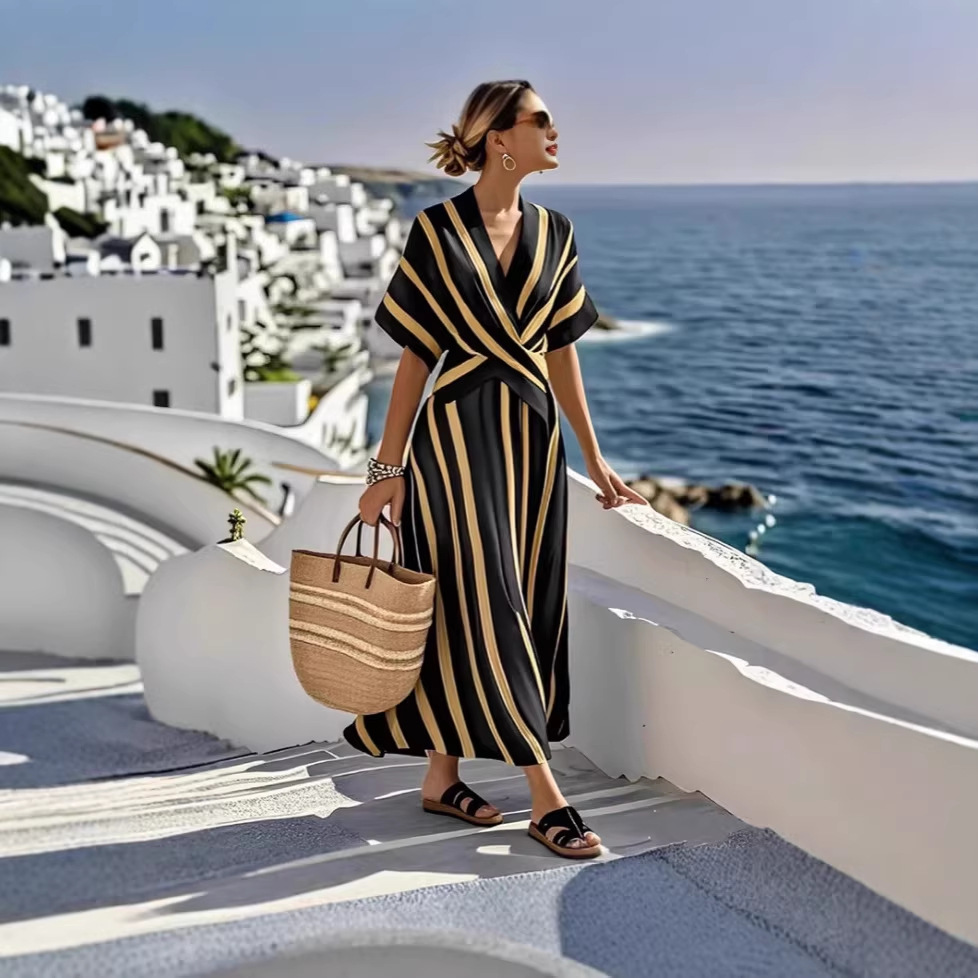 Women's V-Neck Short Sleeve Pleated Maxi Dress