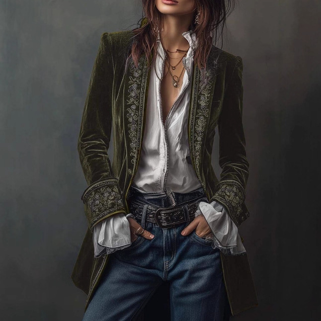 Women's Long Sleeve Colorblock Lace Trim Velvet Jacket