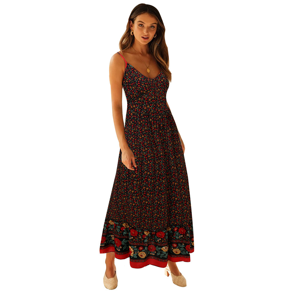 Bohemian V-Neck Floral Maxi Dress with Spaghetti Straps
