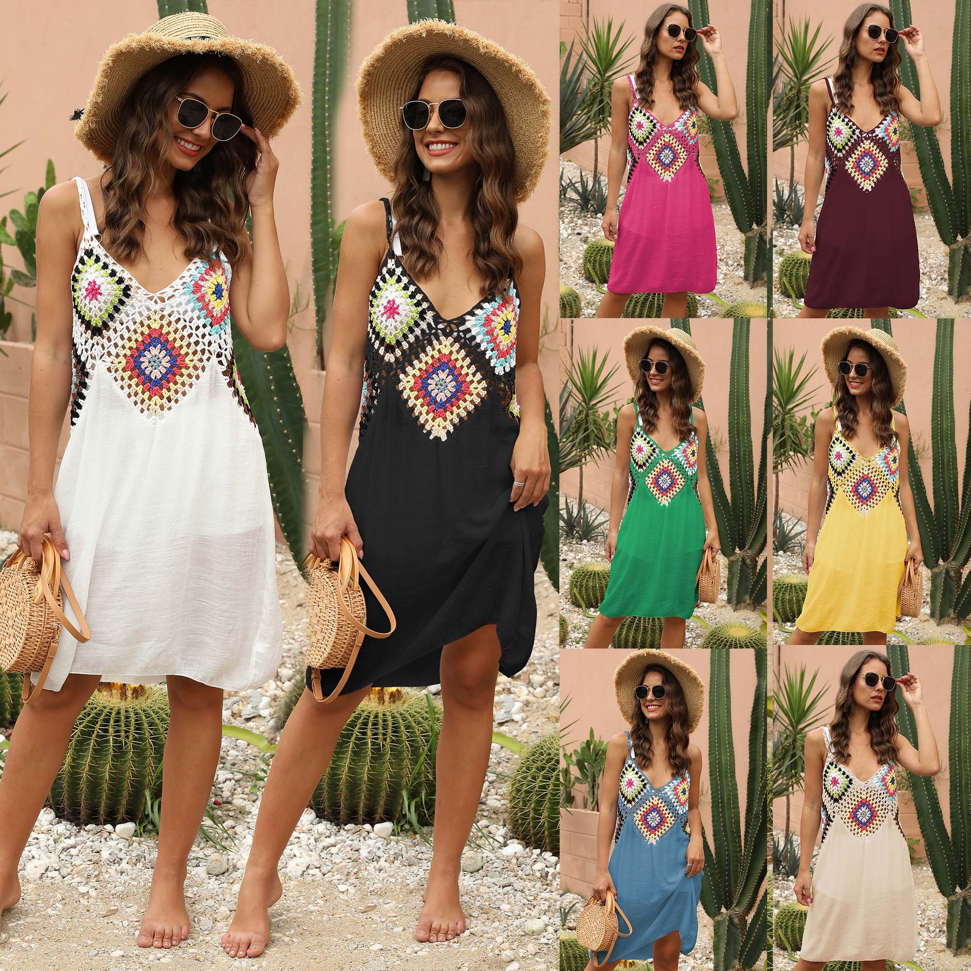 Women's Hand-Crochet Spliced Hollow-Out Cami Dress