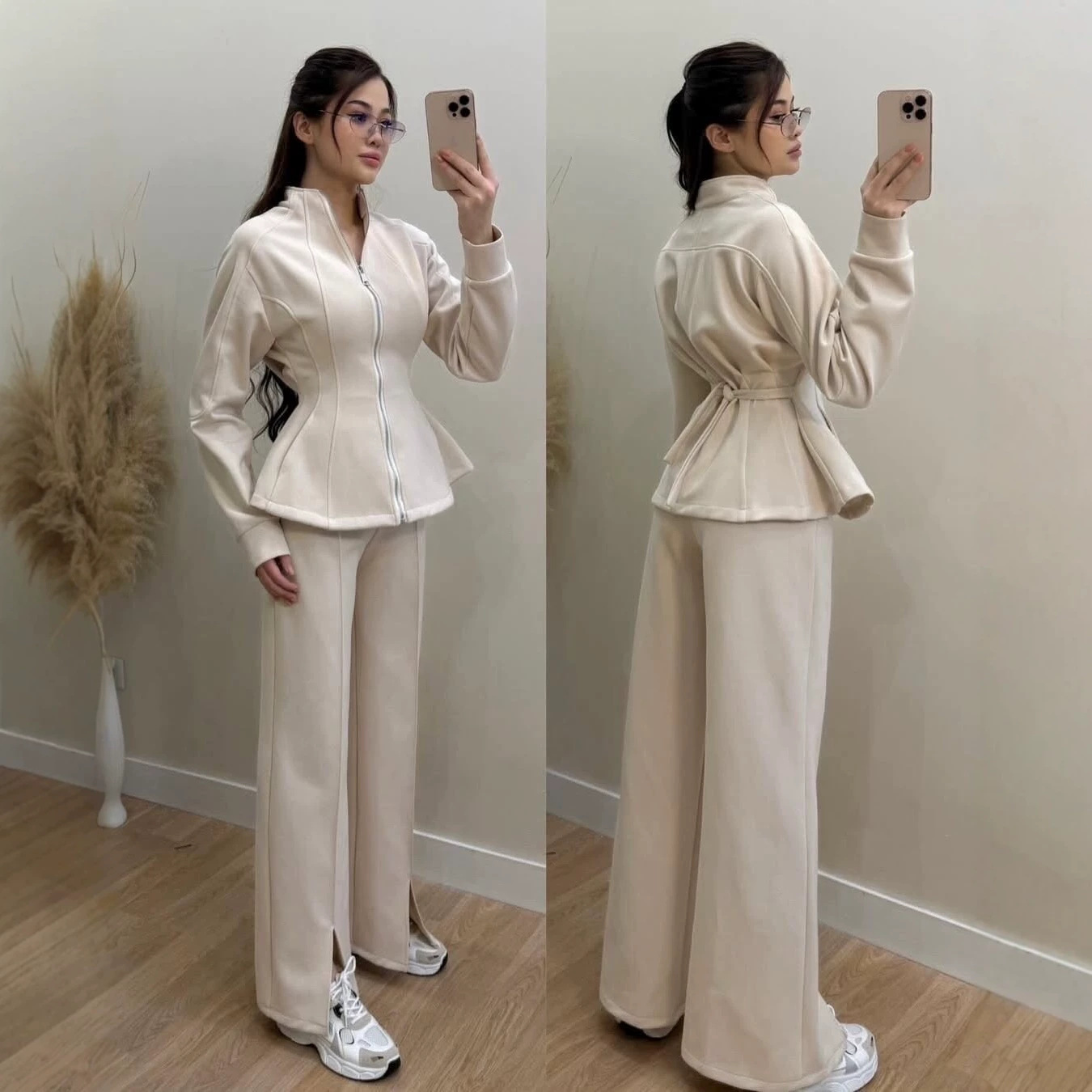 Women's Two-Piece Long Sleeve Jacket and Pants Set, Solid Color, Polyester
