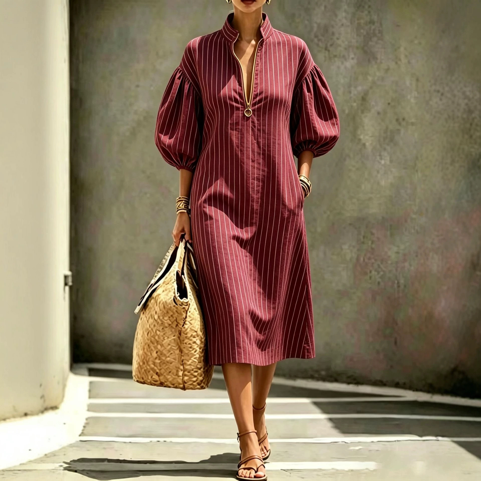 Women's Casual Loose Stand Collar Puff Sleeve Half-Zip Midi Dress