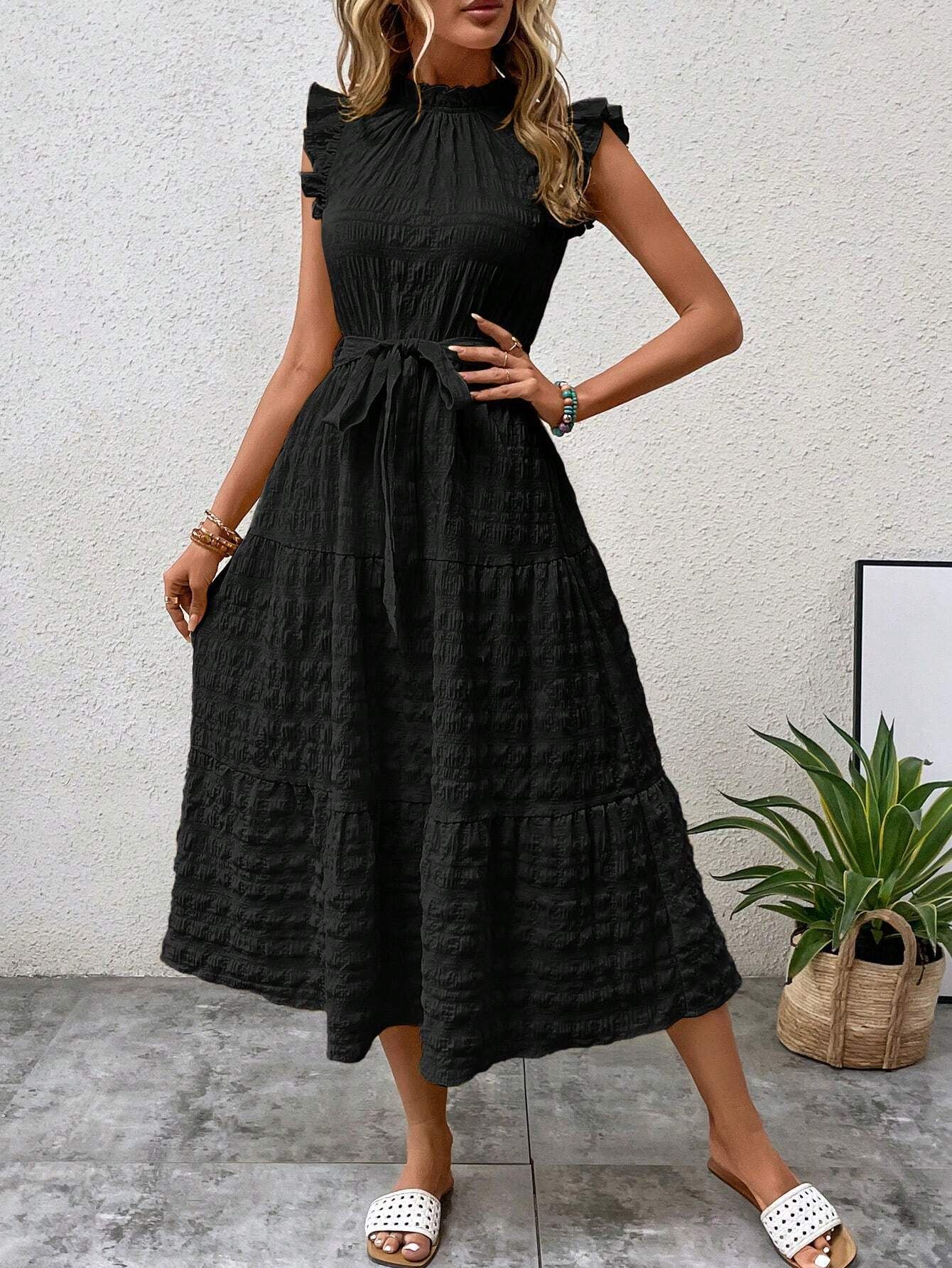 Women's Summer Ruffle Trim Flutter Sleeve Tie Textured Dress