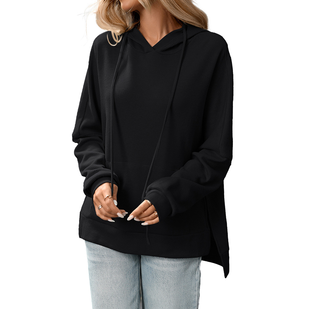 Waffle Knit Hooded Sweatshirt Women's Long Sleeve Pullover