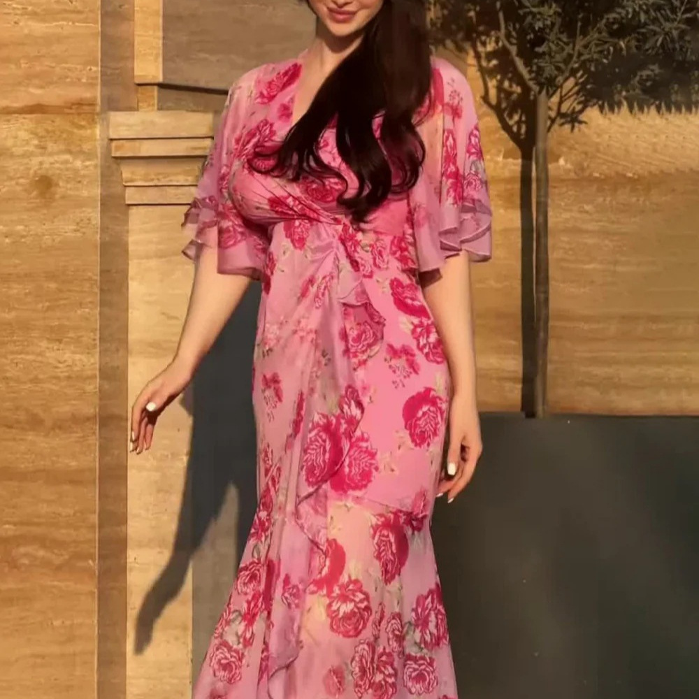 Women's Floral Print Asymmetrical Long Dress with V-Neck and Ruffle Sleeves