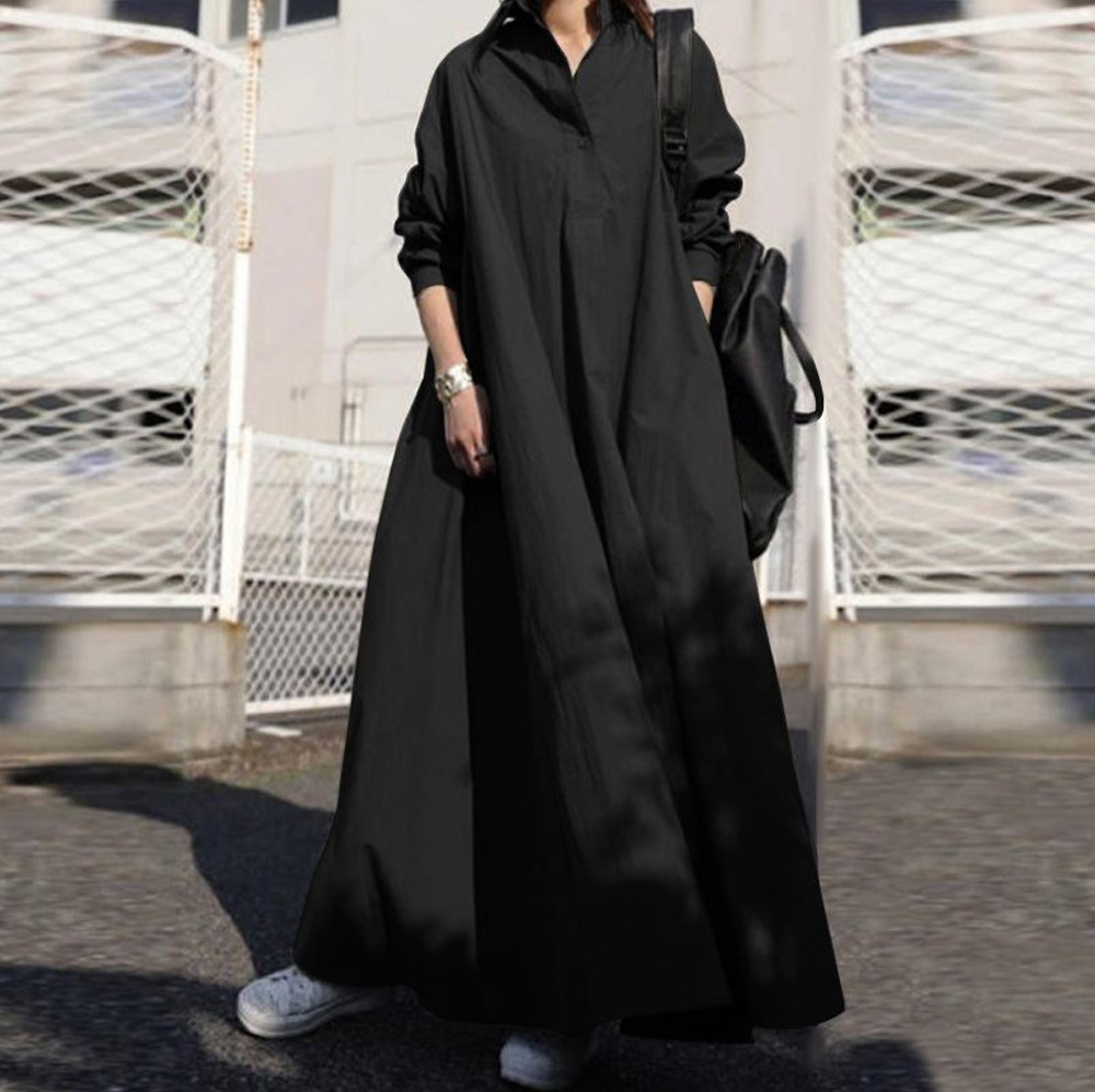 Women's Sweet Retro Long Sleeve Collared Loose A-Line Dress