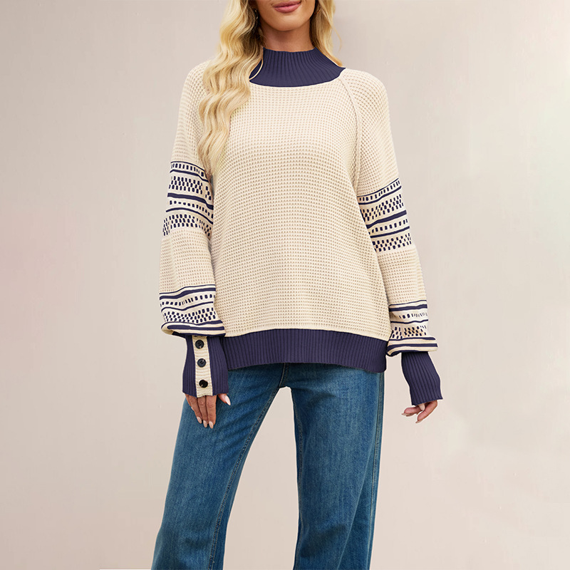 Color-Block Mock Neck Knit Sweater
