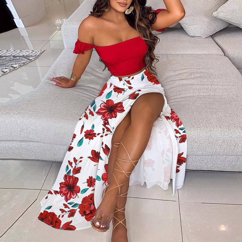 Women's Slim Fit French Bohemian Print Midi Strapless Two-Piece Dress Set