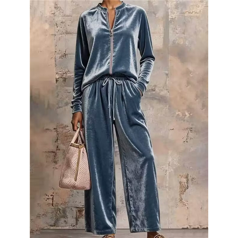 Women's Velvet Hoodie & Wide-Leg Pants Set High Waist Drapey