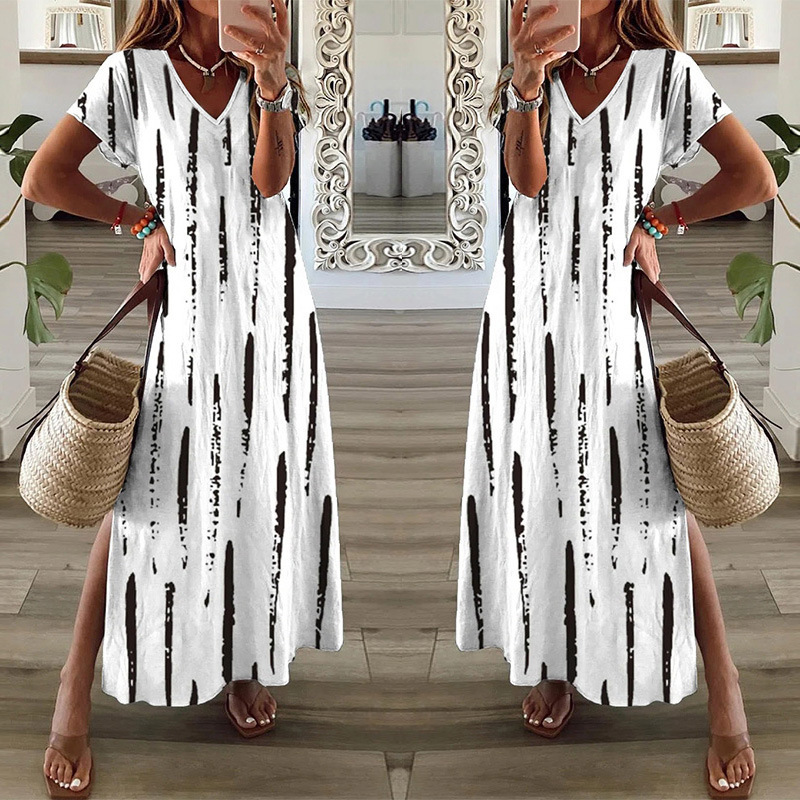 Animal Print V-Neck Short Sleeve Slit Maxi Dress