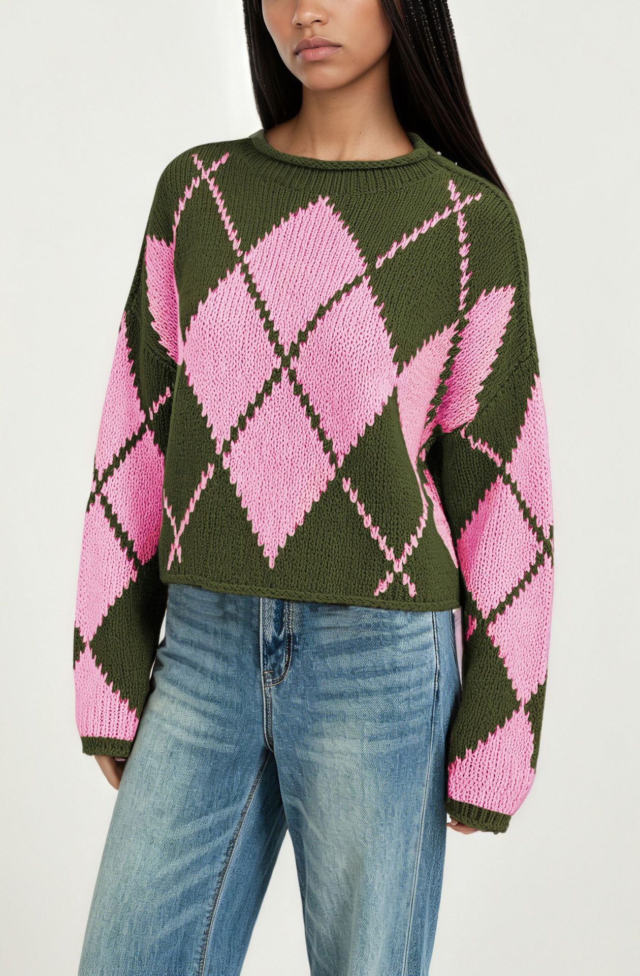 Women's Color-Block Diamond Knit Sweater, Loose Crewneck Pullover
