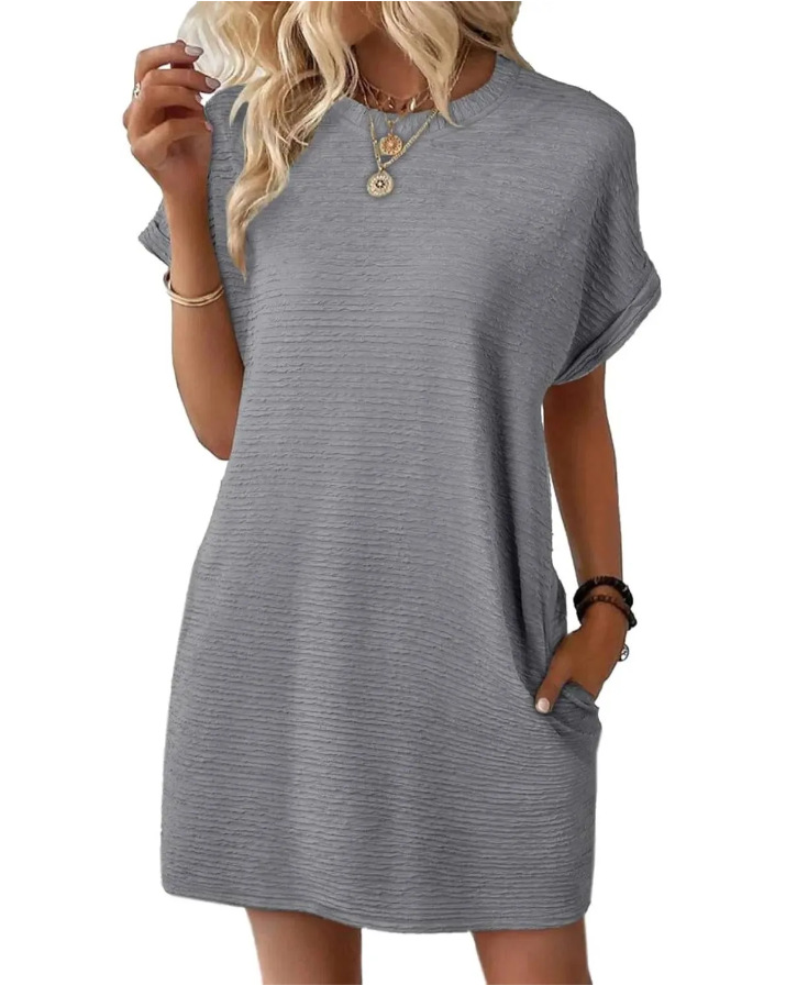 Women's Loose Crewneck Pocket Solid Short Sleeve Dress